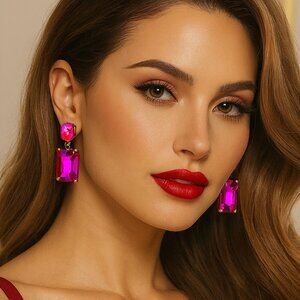 Hot Pink Square Rectangle Link Dangle Evening Earrings